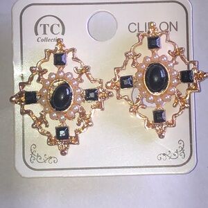 TC COLLECTION Gold Tone Black Stone Clip On Earrings